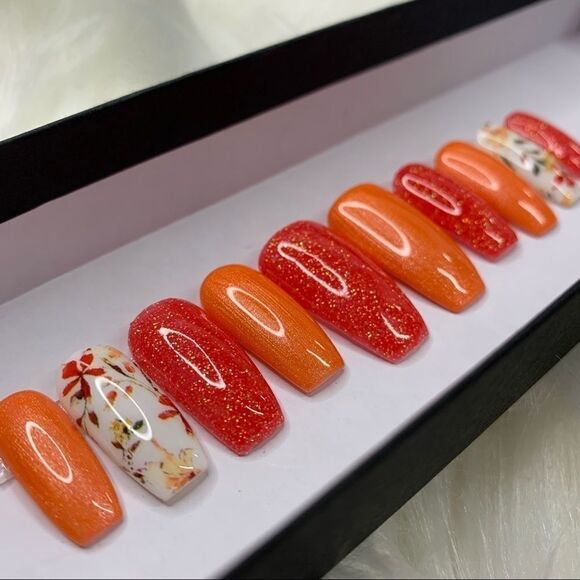 Orange Flowers Custom Press On Nails | High Quality Nails | Handmade - Picture 2 of 12